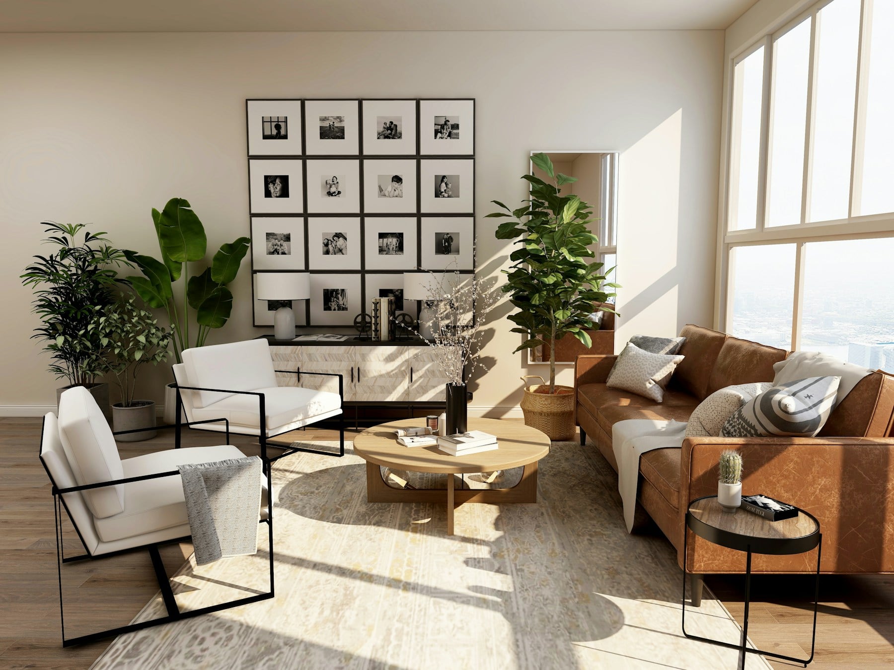 A sunlit living room with a thoughtfully arranged gallery wall